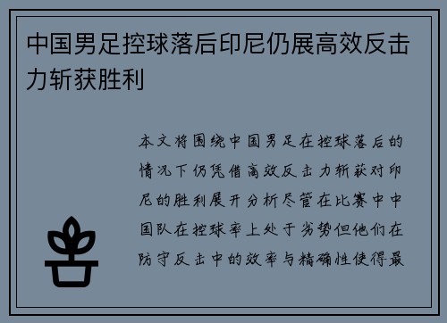 中国男足控球落后印尼仍展高效反击力斩获胜利